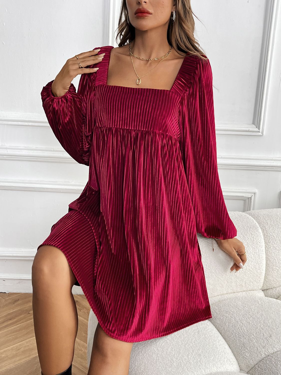 Perfee Tied Pocketed Square Neck Long Sleeve Dress