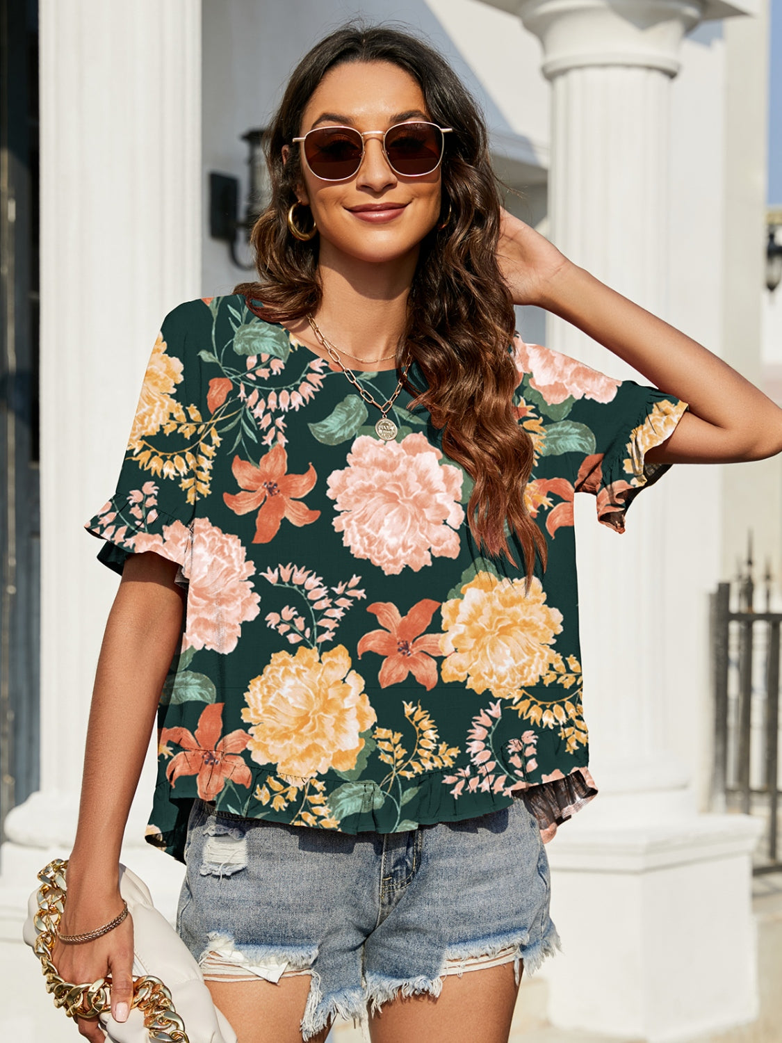 Double Take Floral Ruffled Short Sleeve Blouse