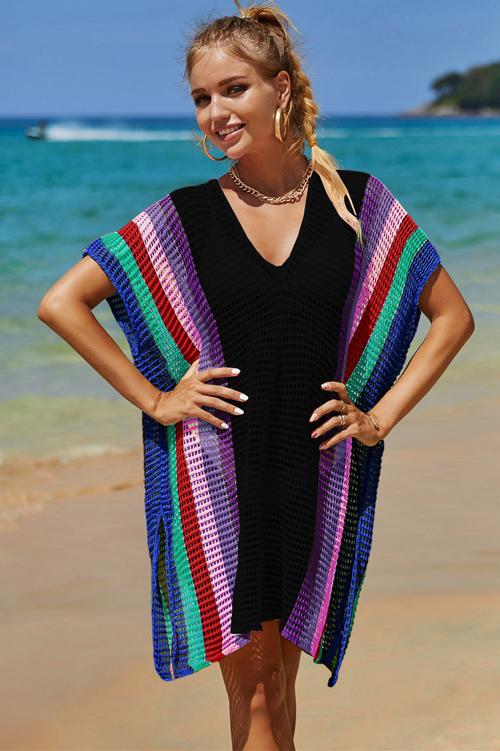 Openwork Striped Slit Knit Cover Up