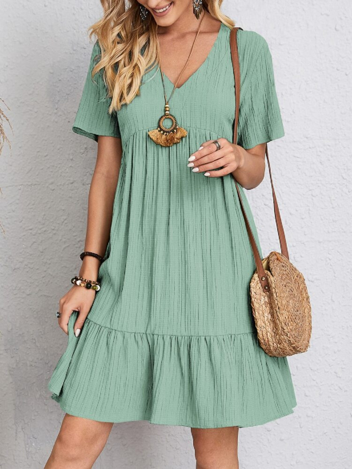 Full Size V-Neck Short Sleeve Dress