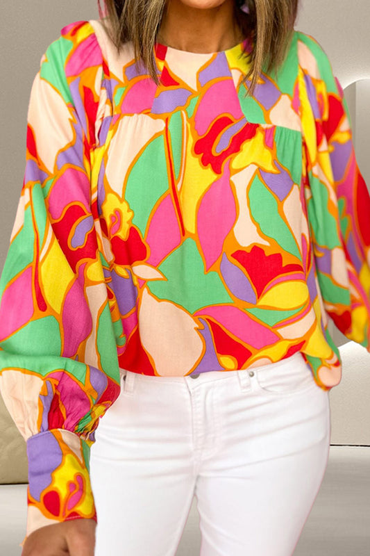 Contrast Print Round Neck Long Sleeve Blouse