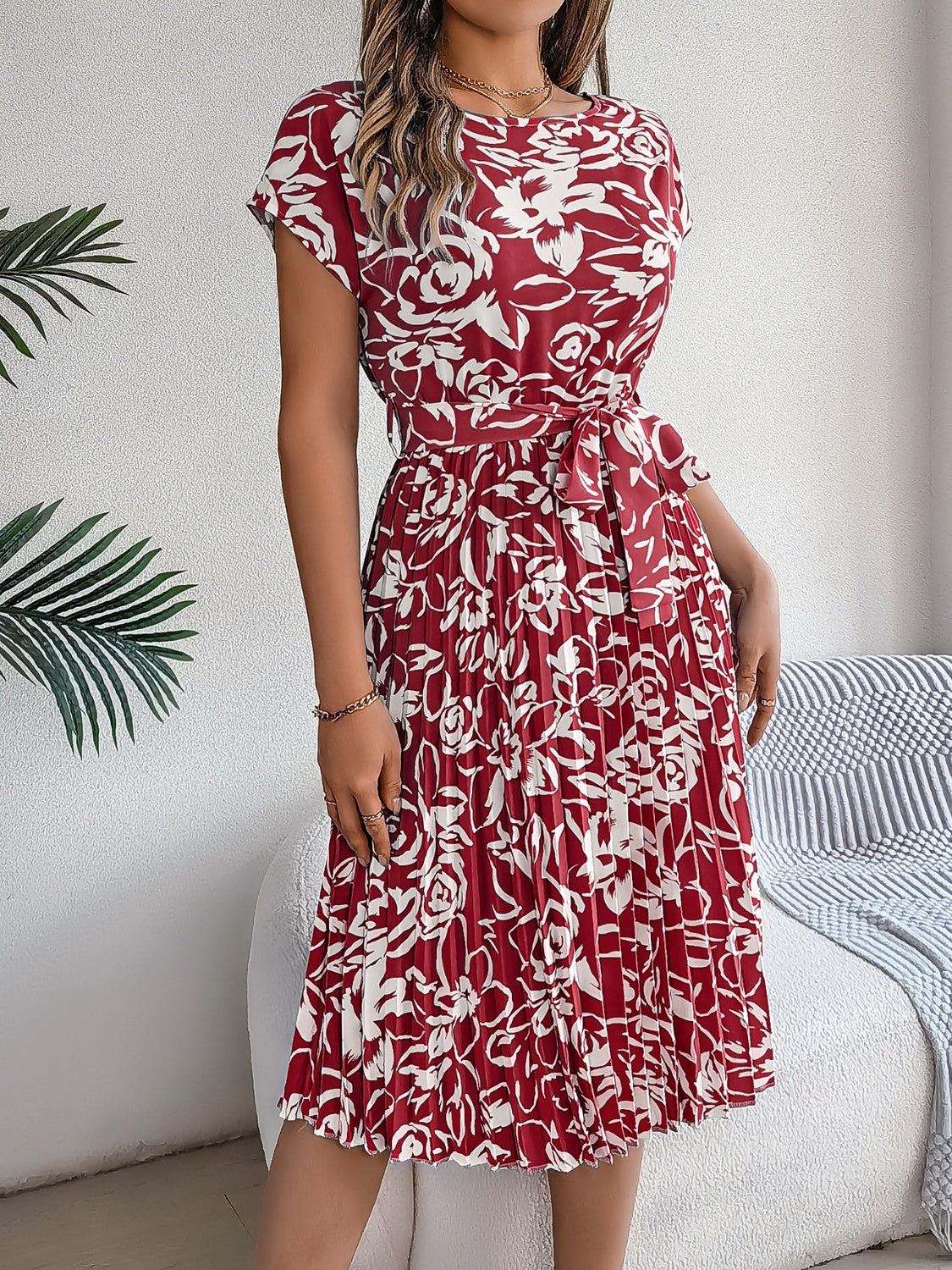 Tied Pleated Printed Short Sleeve Dress