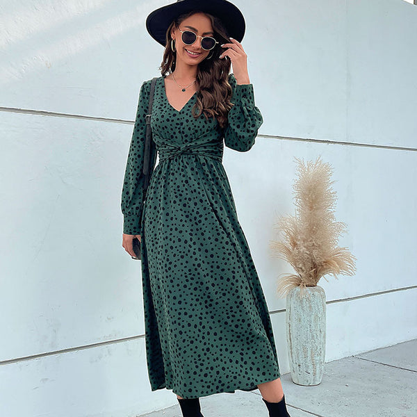 Ladies Green Long Sleeve Leopard Long Dress