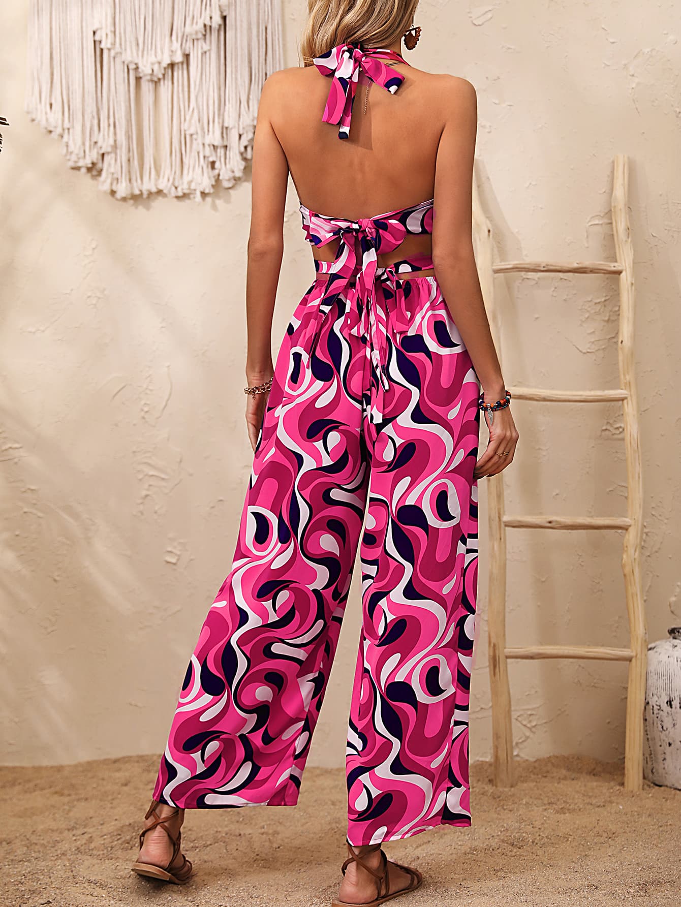 Abstract Print Halter Neck Cutout Wide Leg Jumpsuit Print on any thing USA/STOD clothes