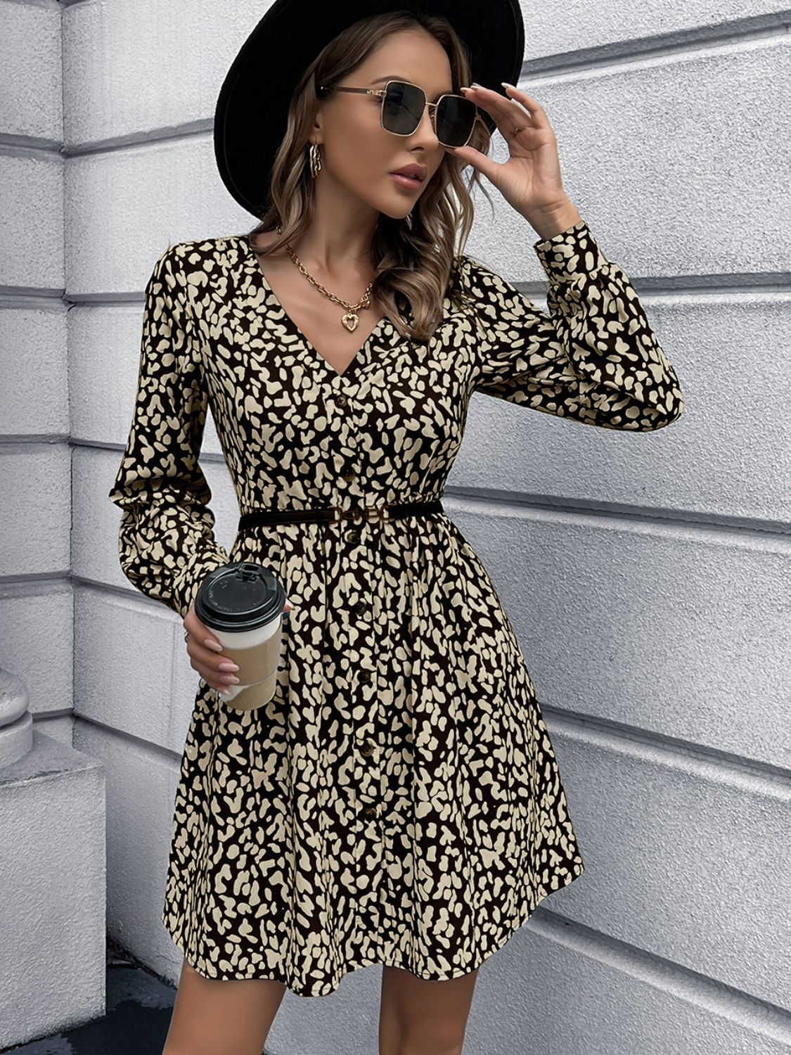 Animal Print Buttoned V-Neck Long Sleeve Dress Print on any thing USA/STOD clothes