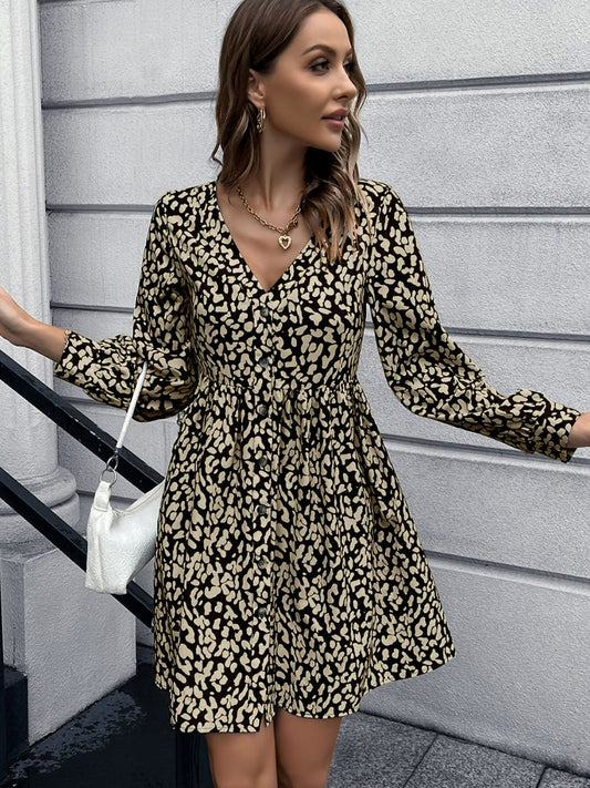 Animal Print Buttoned V-Neck Long Sleeve Dress Print on any thing USA/STOD clothes