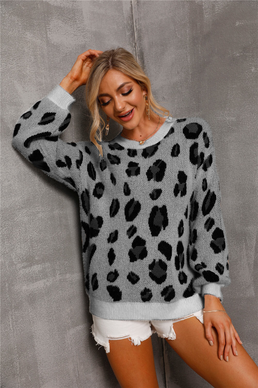 Animal Print Dropped Shoulder Knit Pullover Print on any thing USA/STOD clothes