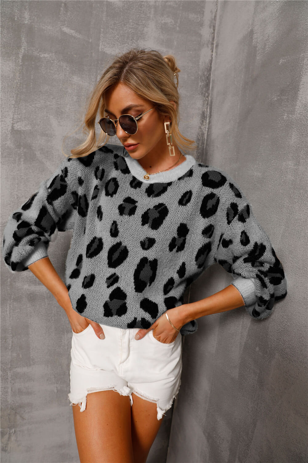 Animal Print Dropped Shoulder Knit Pullover Print on any thing USA/STOD clothes