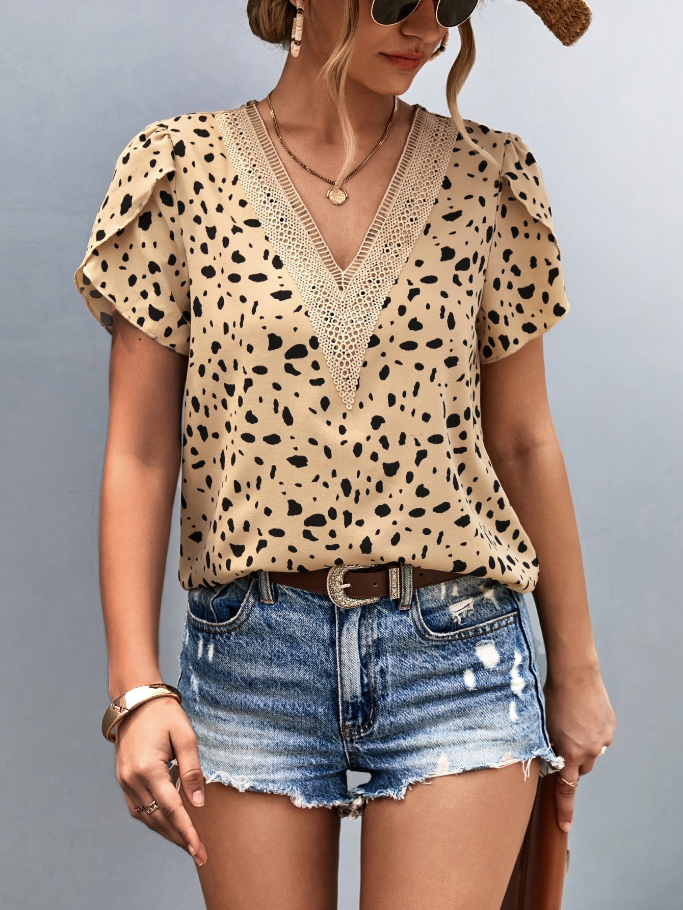 Animal Print V-Neck Petal Sleeve Blouse Print on any thing USA/STOD clothes