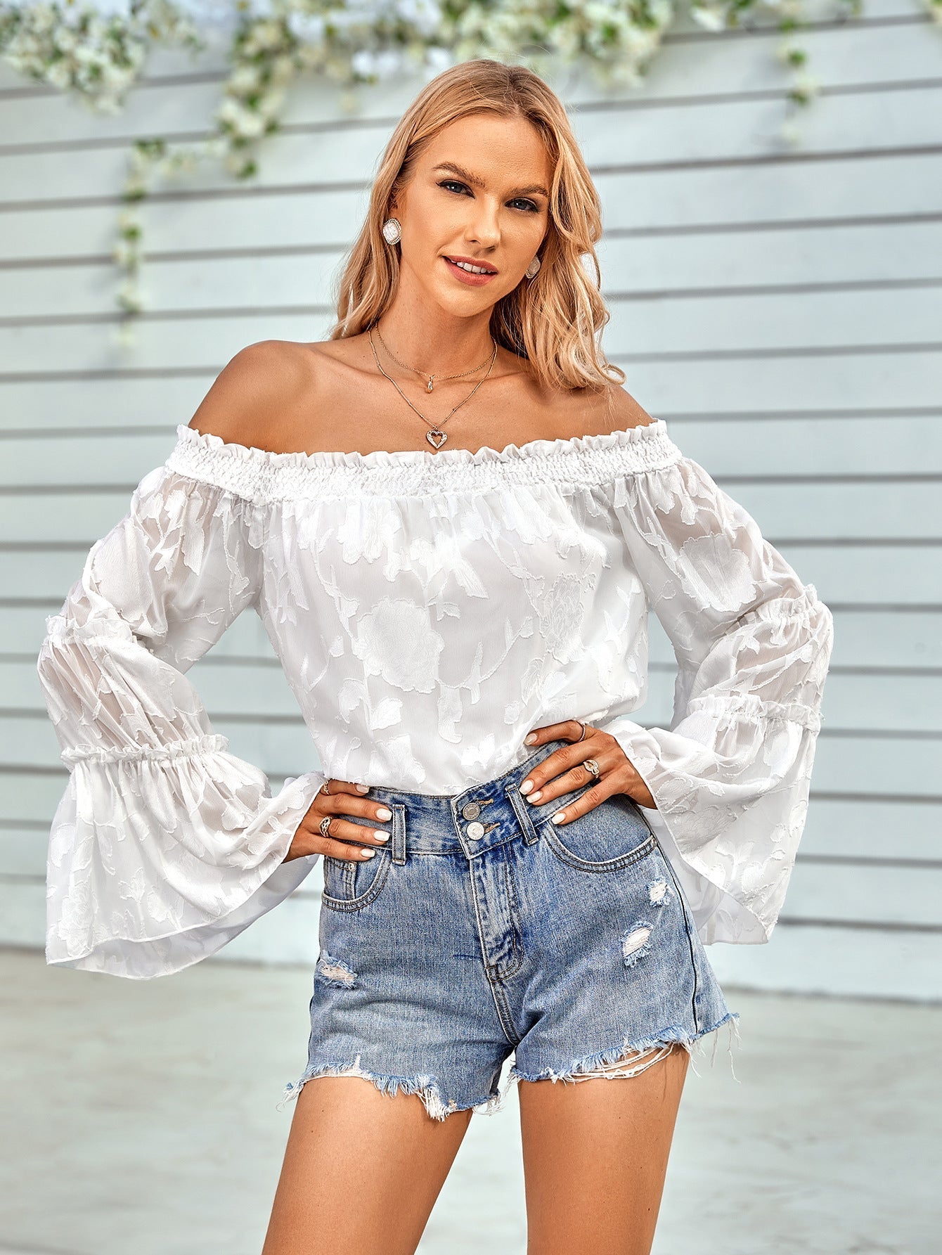 Applique Flounce Sleeve Off-Shoulder Blouse Print on any thing USA/STOD clothes