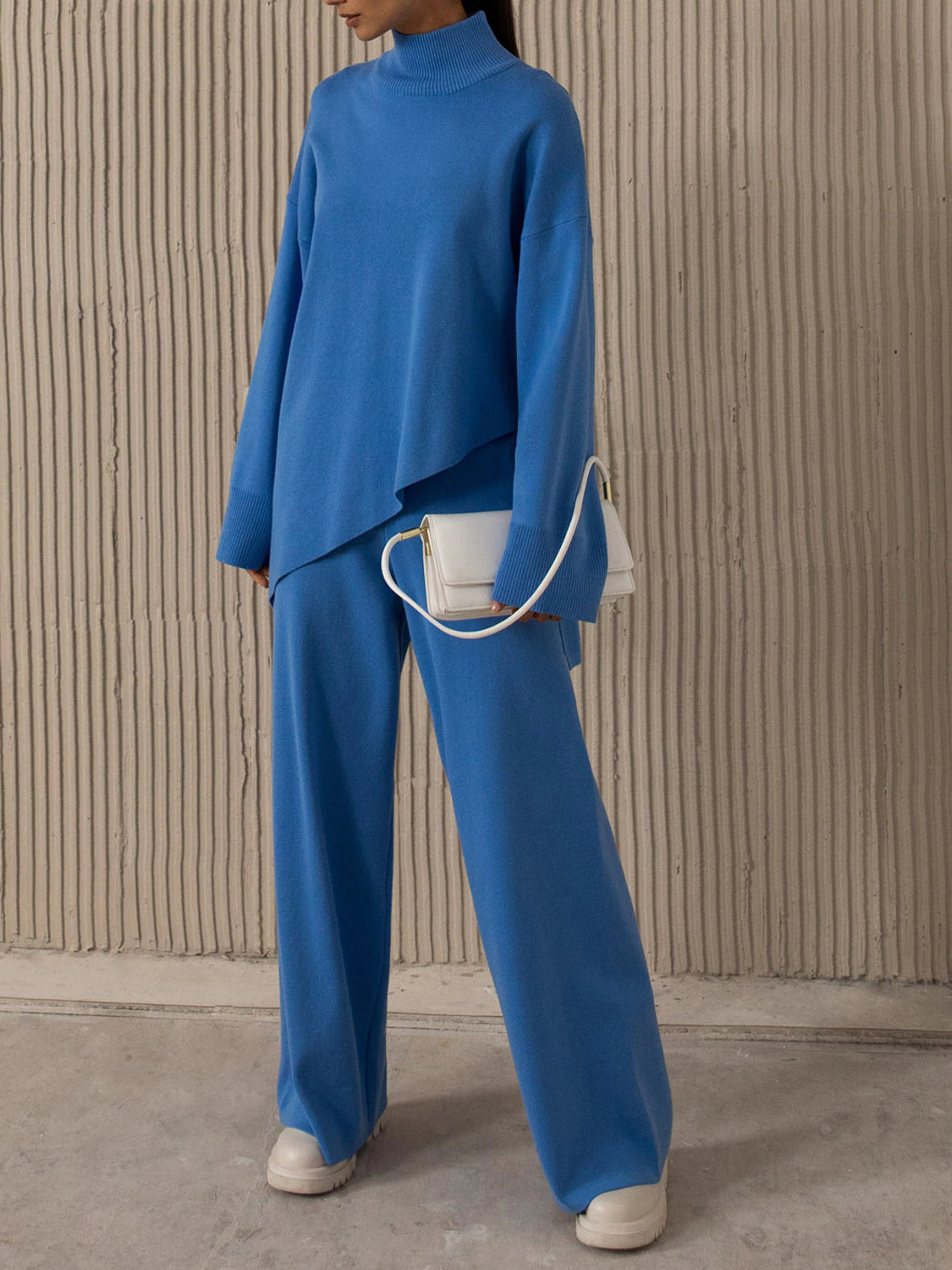 Asymmetrical Hem Knit Top and Pants Set Print on any thing USA/STOD clothes