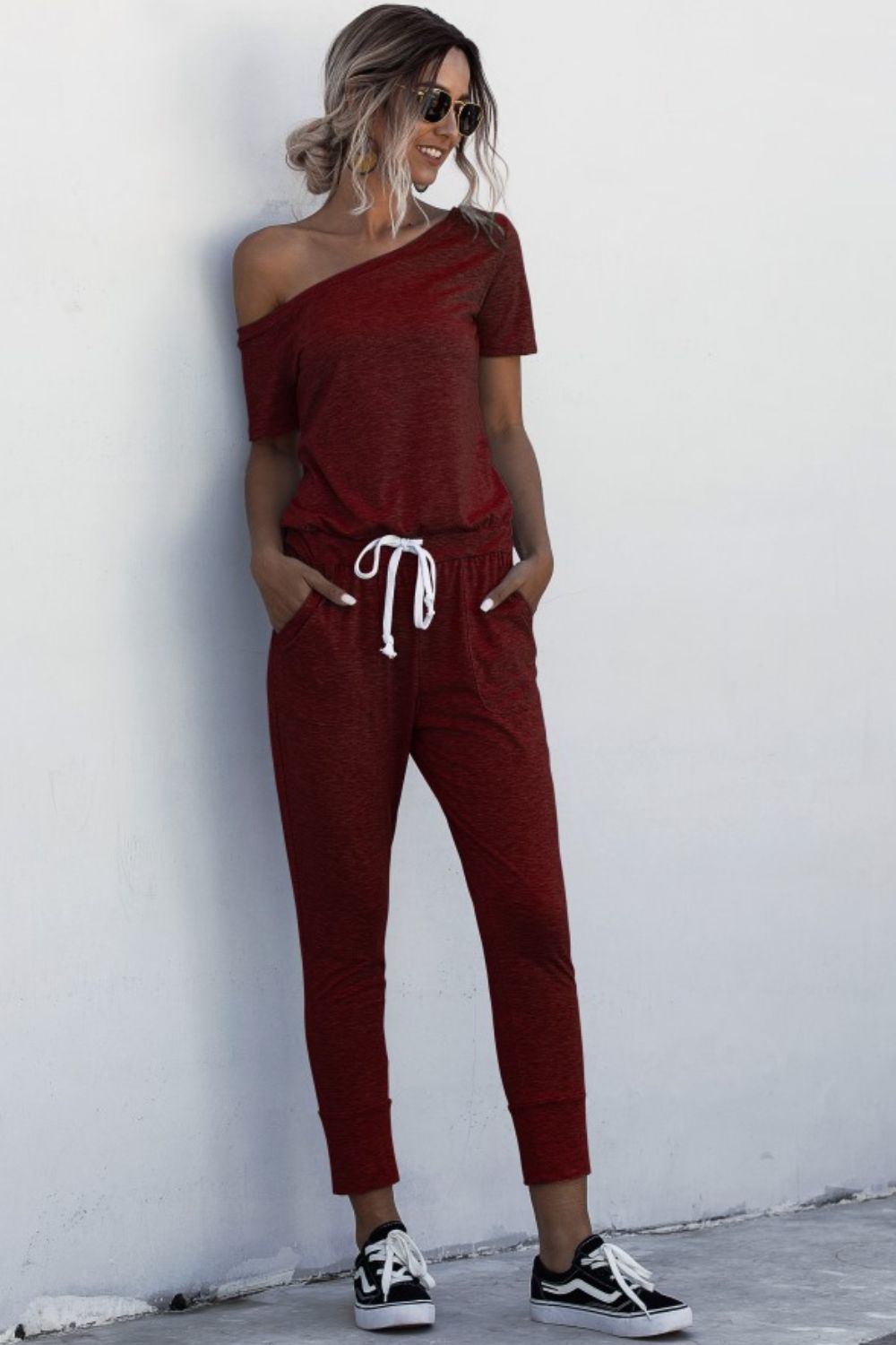 Asymmetrical Neck Tied Jumpsuit with Pockets Print on any thing USA/STOD clothes