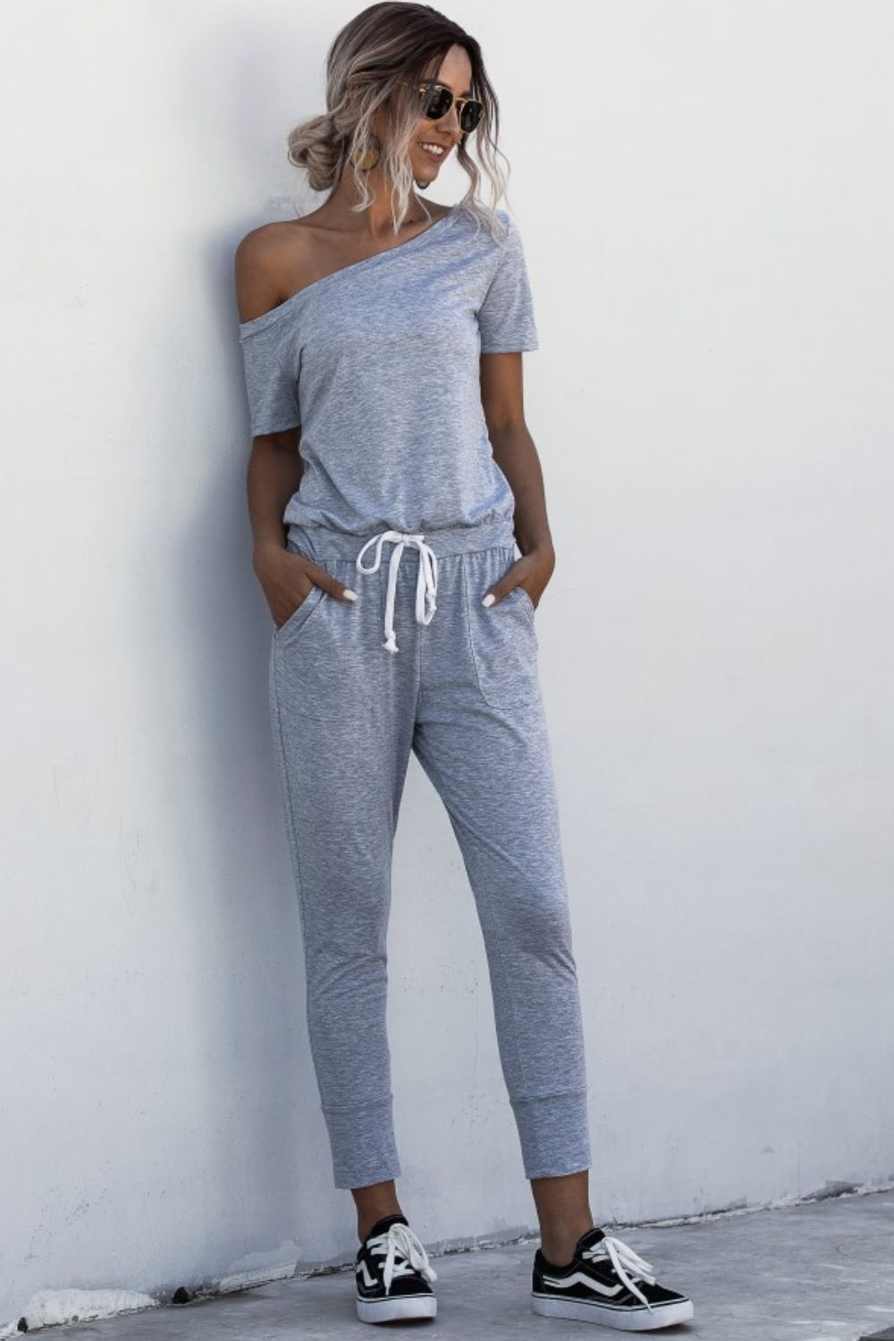 Asymmetrical Neck Tied Jumpsuit with Pockets Print on any thing USA/STOD clothes