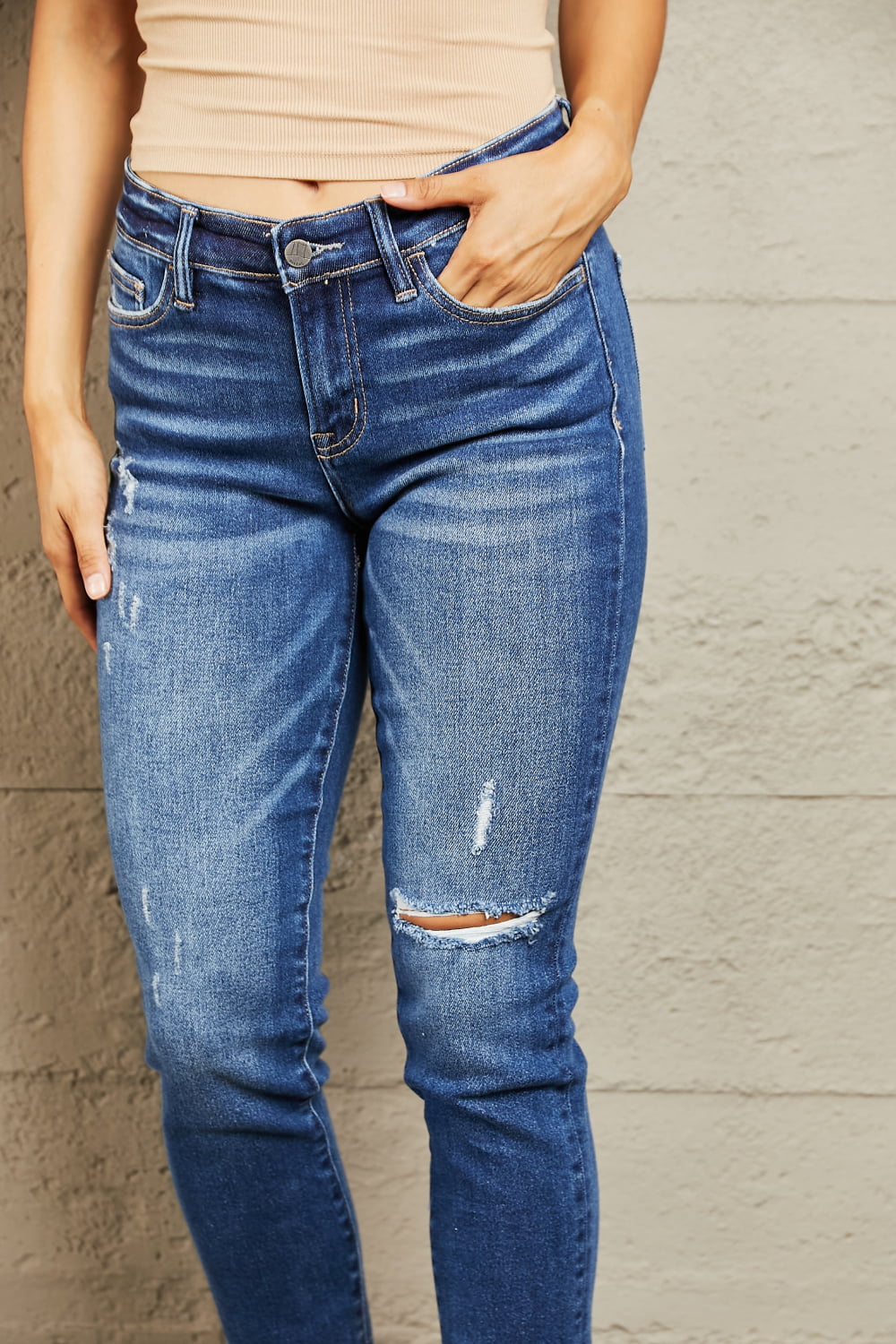 BAYEAS Mid Rise Distressed Slim Jeans Print on any thing USA/STOD clothes