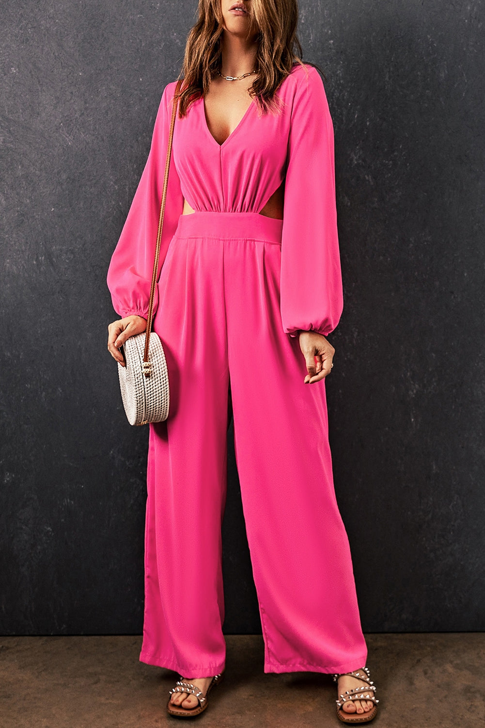 Balloon Sleeve Cutout Plunge Jumpsuit Print on any thing USA/STOD clothes