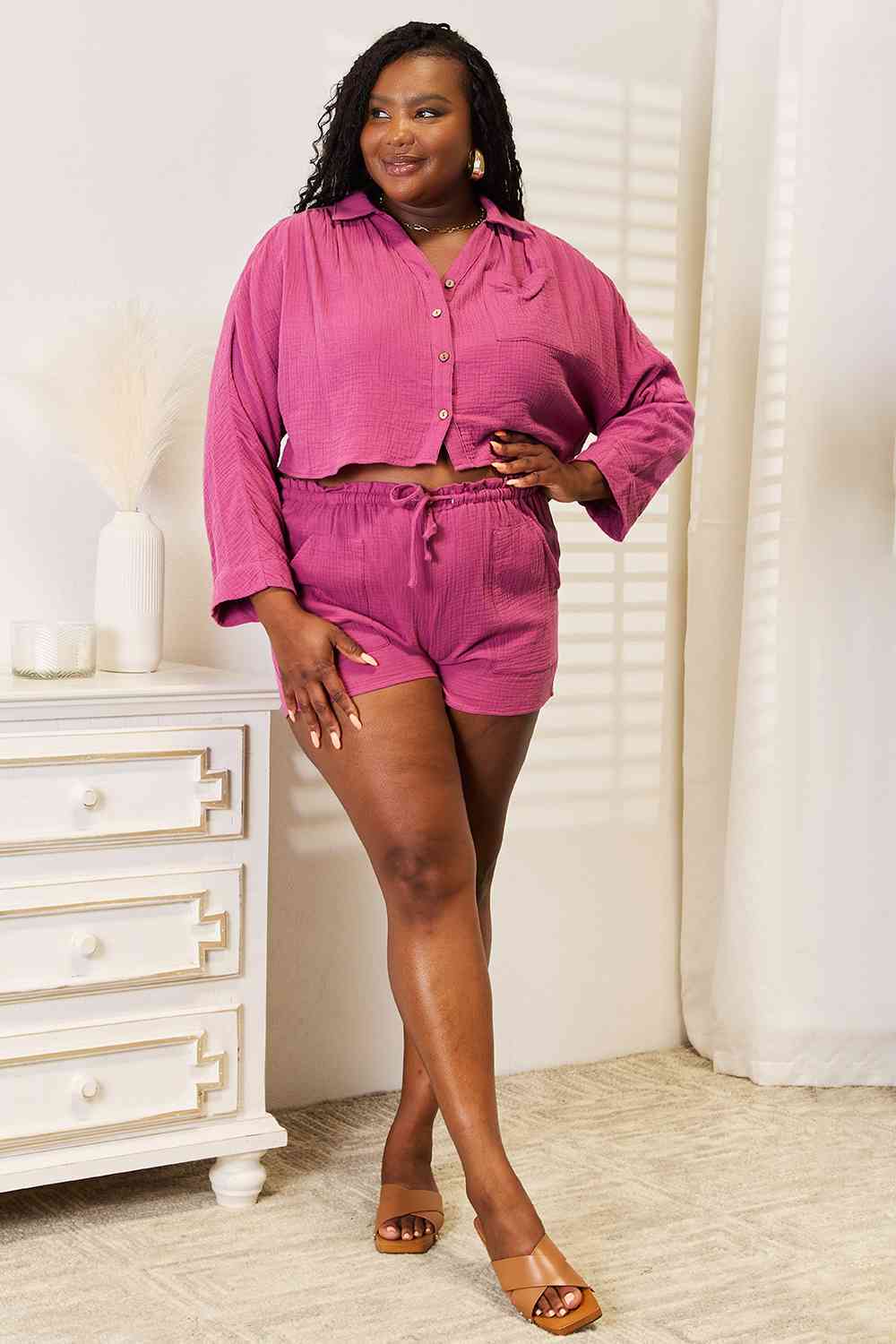 Basic Bae Buttoned Long Sleeve Top and Shorts Set Print on any thing USA/STOD clothes