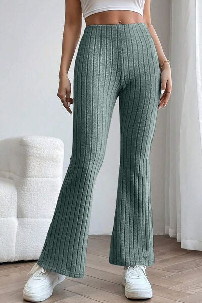 Basic Bae Full Size Ribbed High Waist Flare Pants Print on any thing USA/STOD clothes