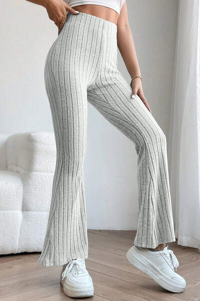 Basic Bae Full Size Ribbed High Waist Flare Pants Print on any thing USA/STOD clothes