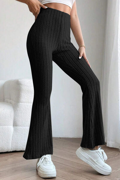 Basic Bae Full Size Ribbed High Waist Flare Pants Print on any thing USA/STOD clothes