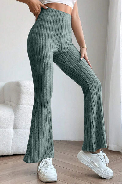 Basic Bae Full Size Ribbed High Waist Flare Pants Print on any thing USA/STOD clothes