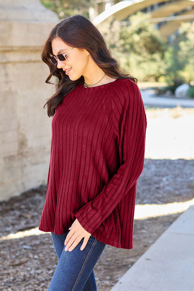 Basic Bae Full Size Ribbed Round Neck Long Sleeve Knit Top Print on any thing USA/STOD clothes