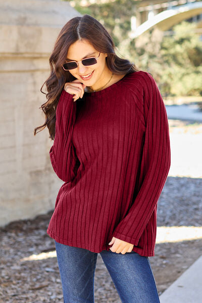 Basic Bae Full Size Ribbed Round Neck Long Sleeve Knit Top Print on any thing USA/STOD clothes