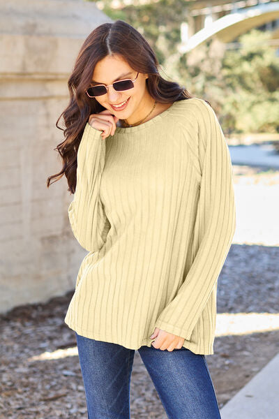 Basic Bae Full Size Ribbed Round Neck Long Sleeve Knit Top Print on any thing USA/STOD clothes