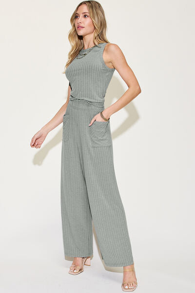 Basic Bae Full Size Ribbed Tank and Wide Leg Pants Set Print on any thing USA/STOD clothes