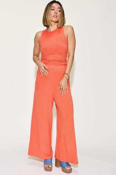 Basic Bae Full Size Ribbed Tank and Wide Leg Pants Set Print on any thing USA/STOD clothes