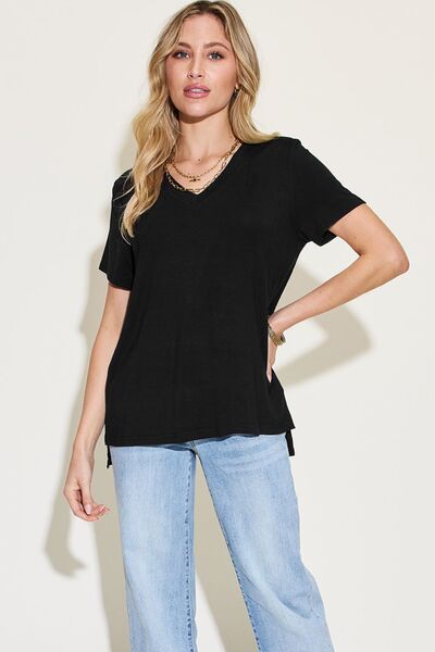 Basic Bae Full Size V-Neck High-Low T-Shirt Print on any thing USA/STOD clothes