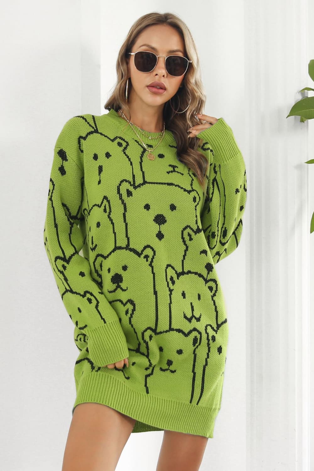 Bear Pattern Round Neck Sweater Dress Print on any thing USA/STOD clothes