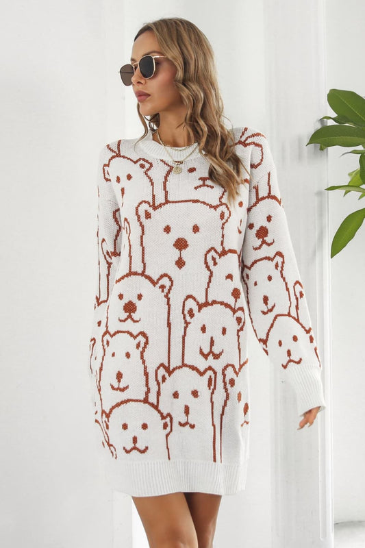 Bear Pattern Round Neck Sweater Dress Print on any thing USA/STOD clothes