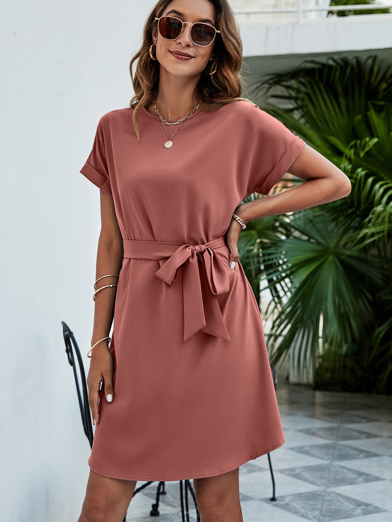 Belted Round Neck Curved Hem Dress Print on any thing USA/STOD clothes