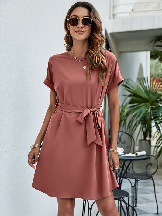 Belted Round Neck Curved Hem Dress Print on any thing USA/STOD clothes