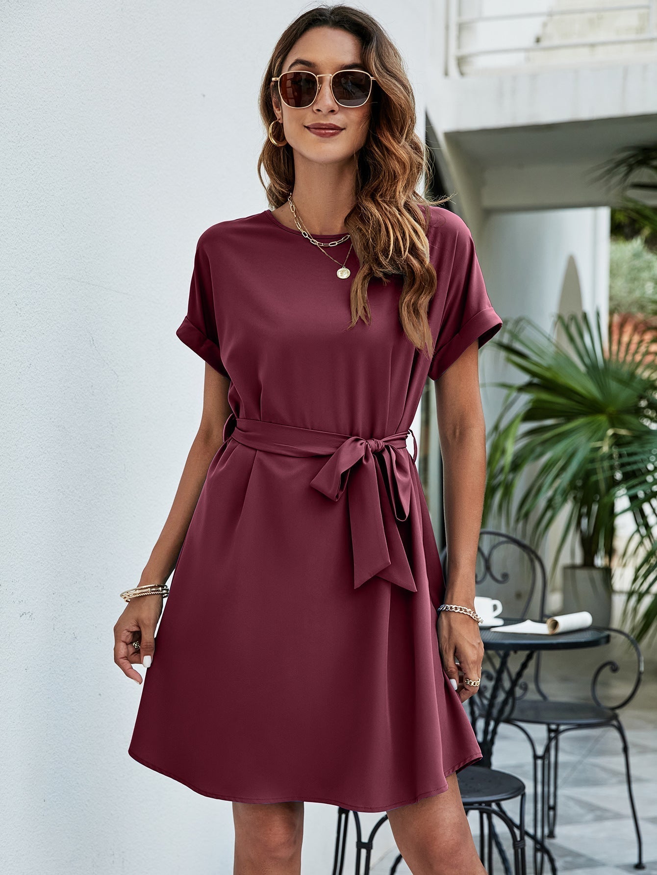 Belted Round Neck Curved Hem Dress Print on any thing USA/STOD clothes