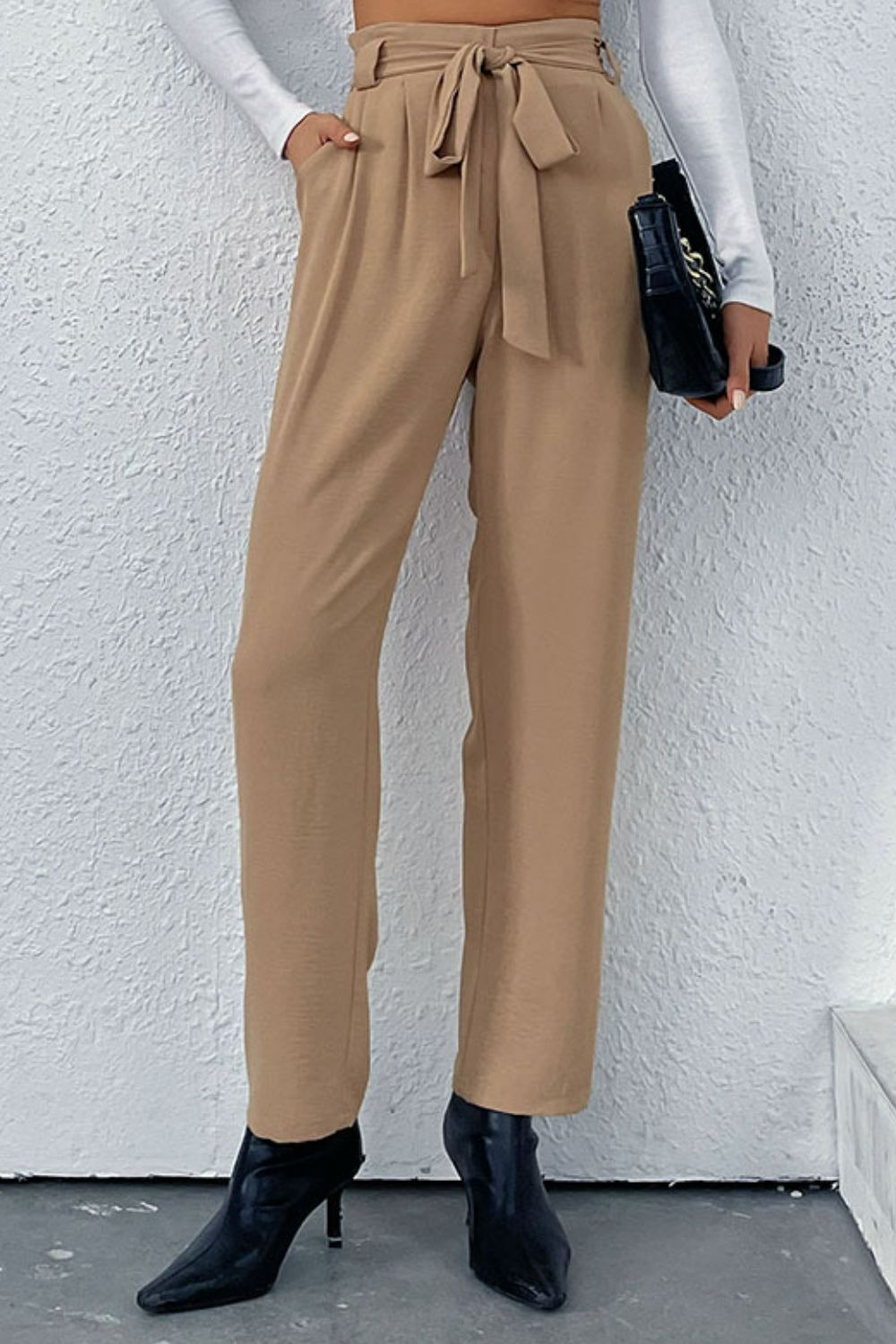 Belted Straight Leg Pants with Pockets Print on any thing USA/STOD clothes