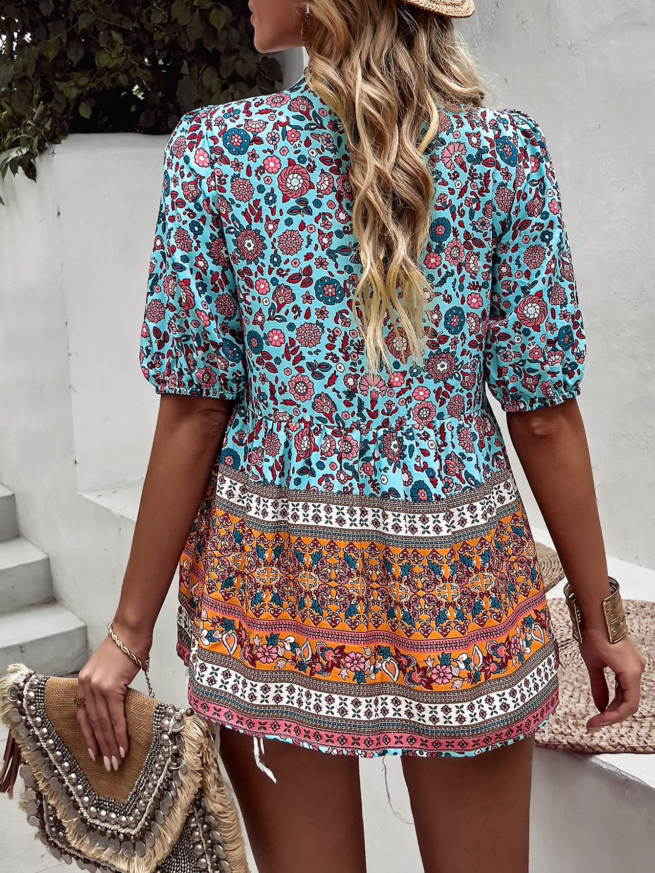 Bohemian Tassel Tie Puff Sleeve Babydoll Blouse Print on any thing USA/STOD clothes