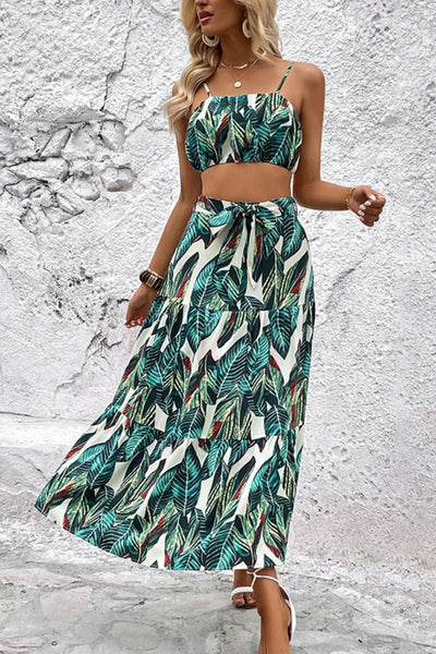 Botanical Print Cami and Tiered Skirt Set Print on any thing USA/STOD clothes