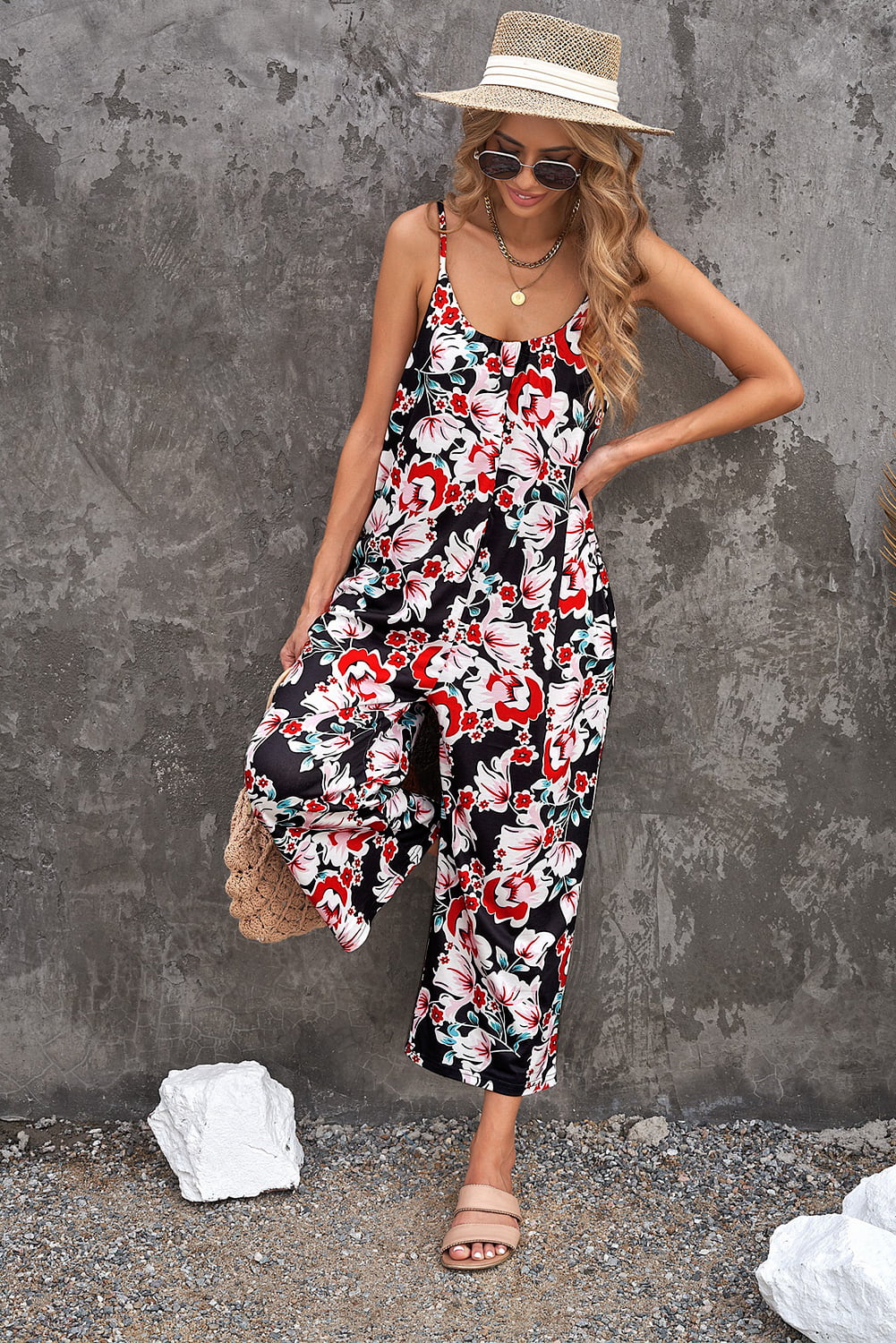 Botanical Print Spaghetti Strap Cropped Jumpsuit Print on any thing USA/STOD clothes