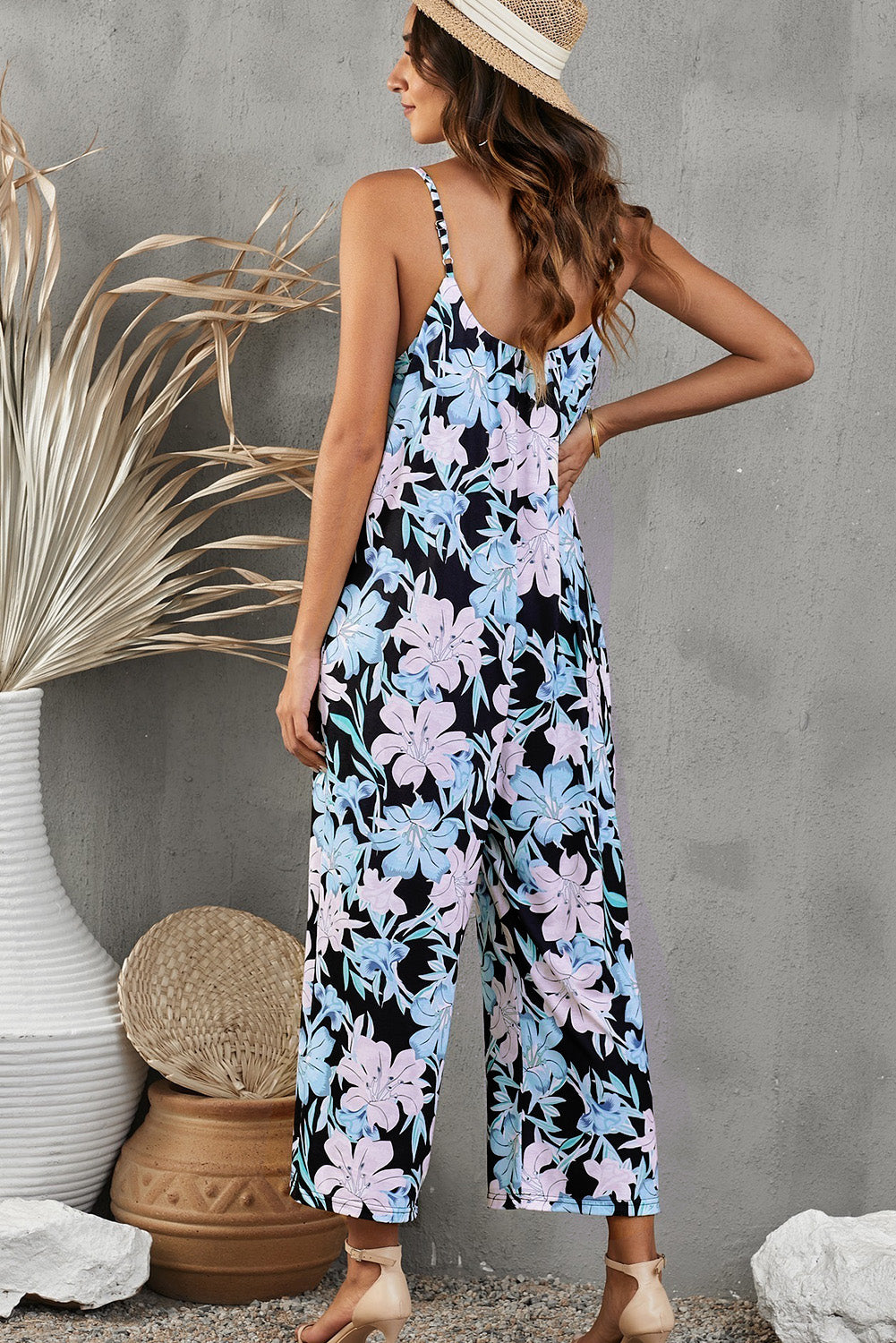 Botanical Print Spaghetti Strap Cropped Jumpsuit Print on any thing USA/STOD clothes