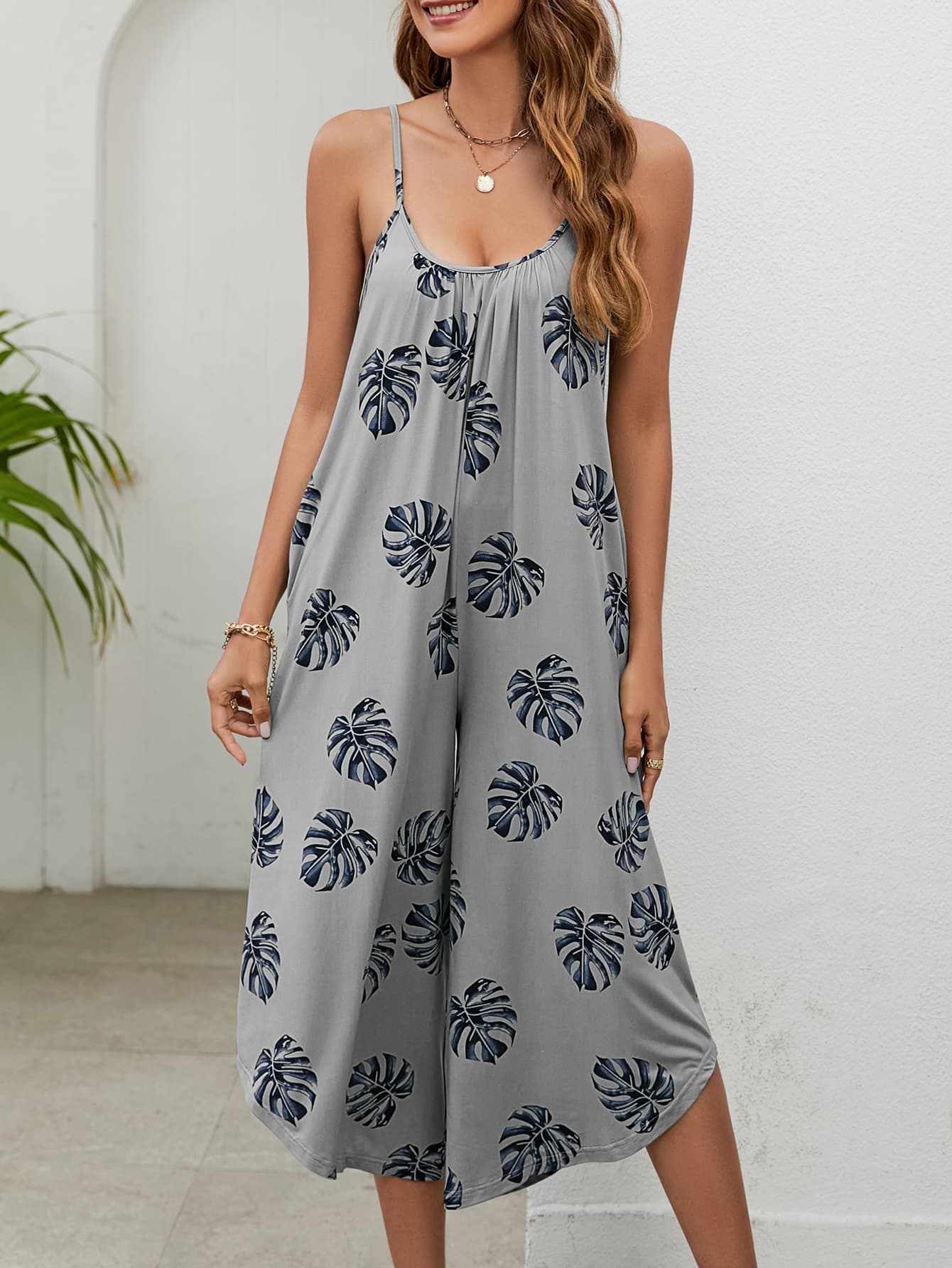 Botanical Print Spaghetti Strap Scoop Neck Jumpsuit Print on any thing USA/STOD clothes