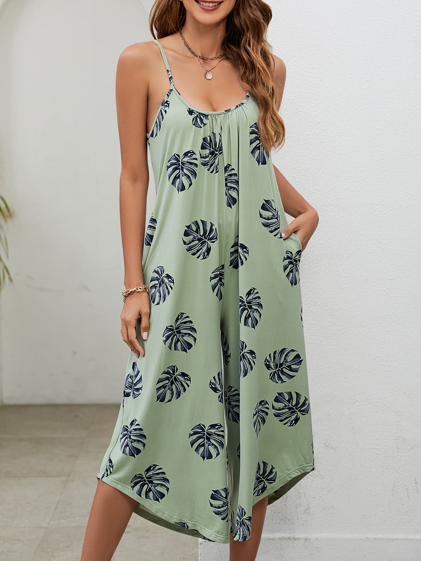 Botanical Print Spaghetti Strap Scoop Neck Jumpsuit Print on any thing USA/STOD clothes