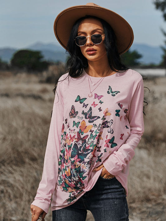 Butterflies Print Long Sleeve Round Neck Tee Print on any thing USA/STOD clothes
