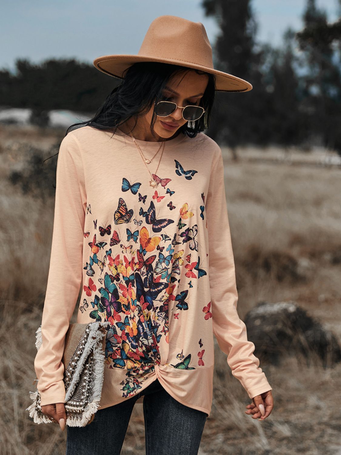 Butterflies Print Long Sleeve Round Neck Tee Print on any thing USA/STOD clothes