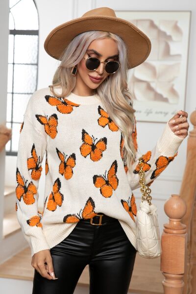 Butterfly Round Neck Long Sleeve Sweater Print on any thing USA/STOD clothes