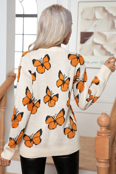 Butterfly Round Neck Long Sleeve Sweater Print on any thing USA/STOD clothes