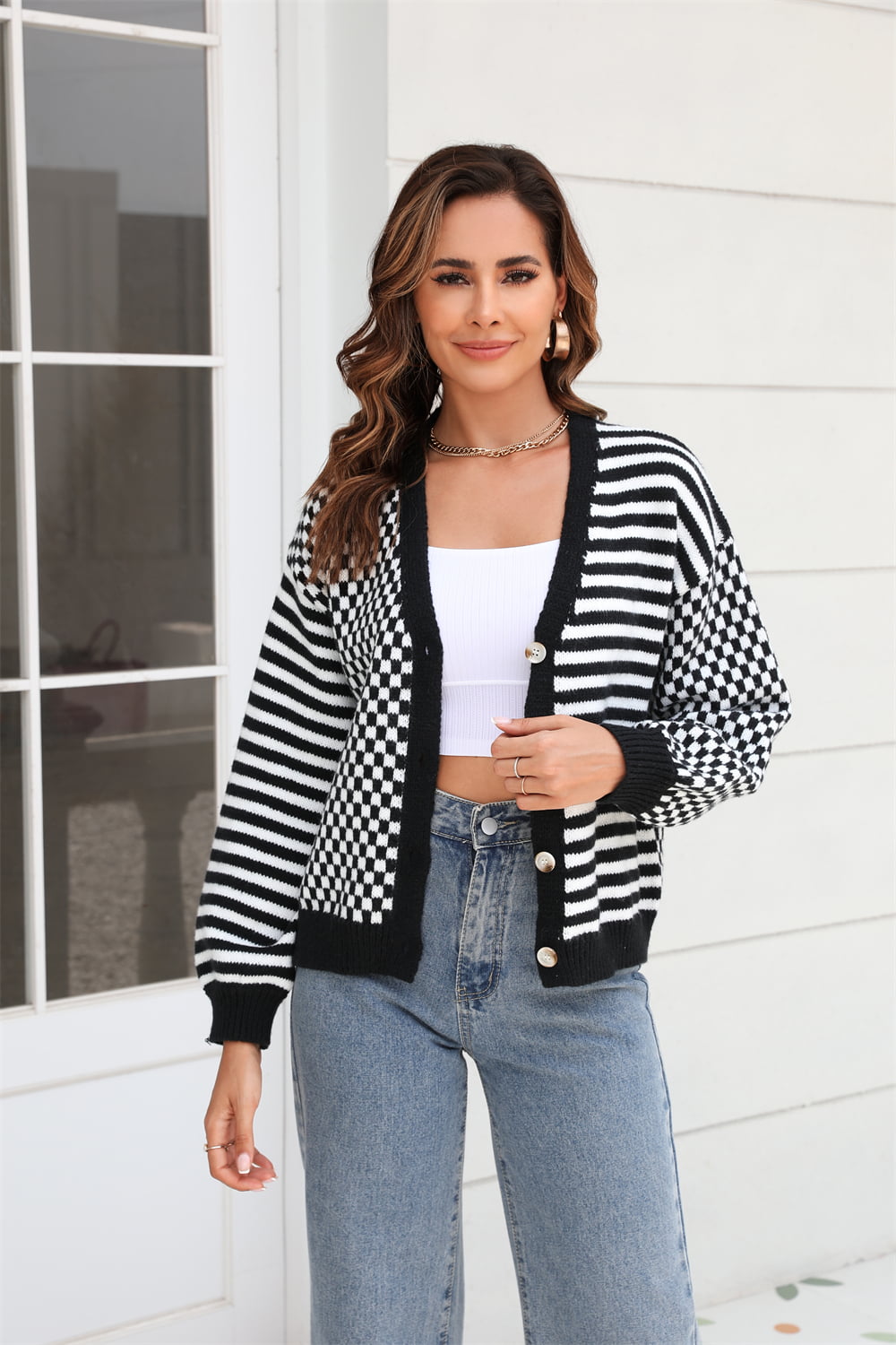 Button-Down Stripe & Plaid Contrast Pattern Cardigan Print on any thing USA/STOD clothes