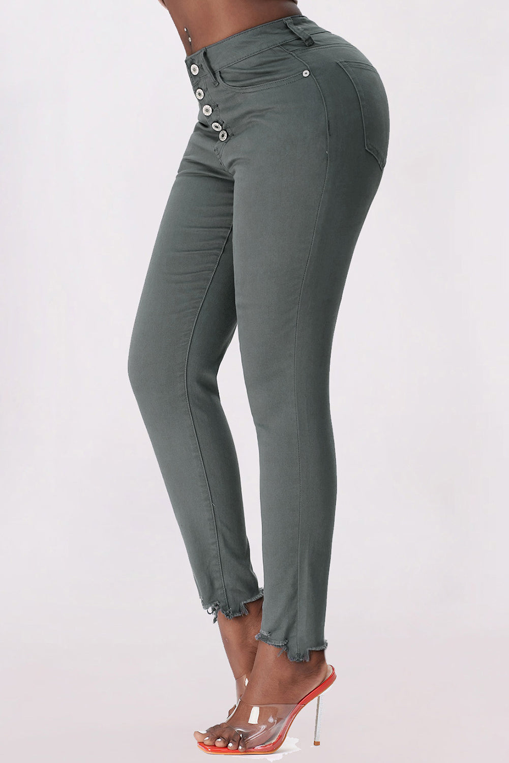 Button Fly Hem Detail Skinny Jeans Print on any thing USA/STOD clothes