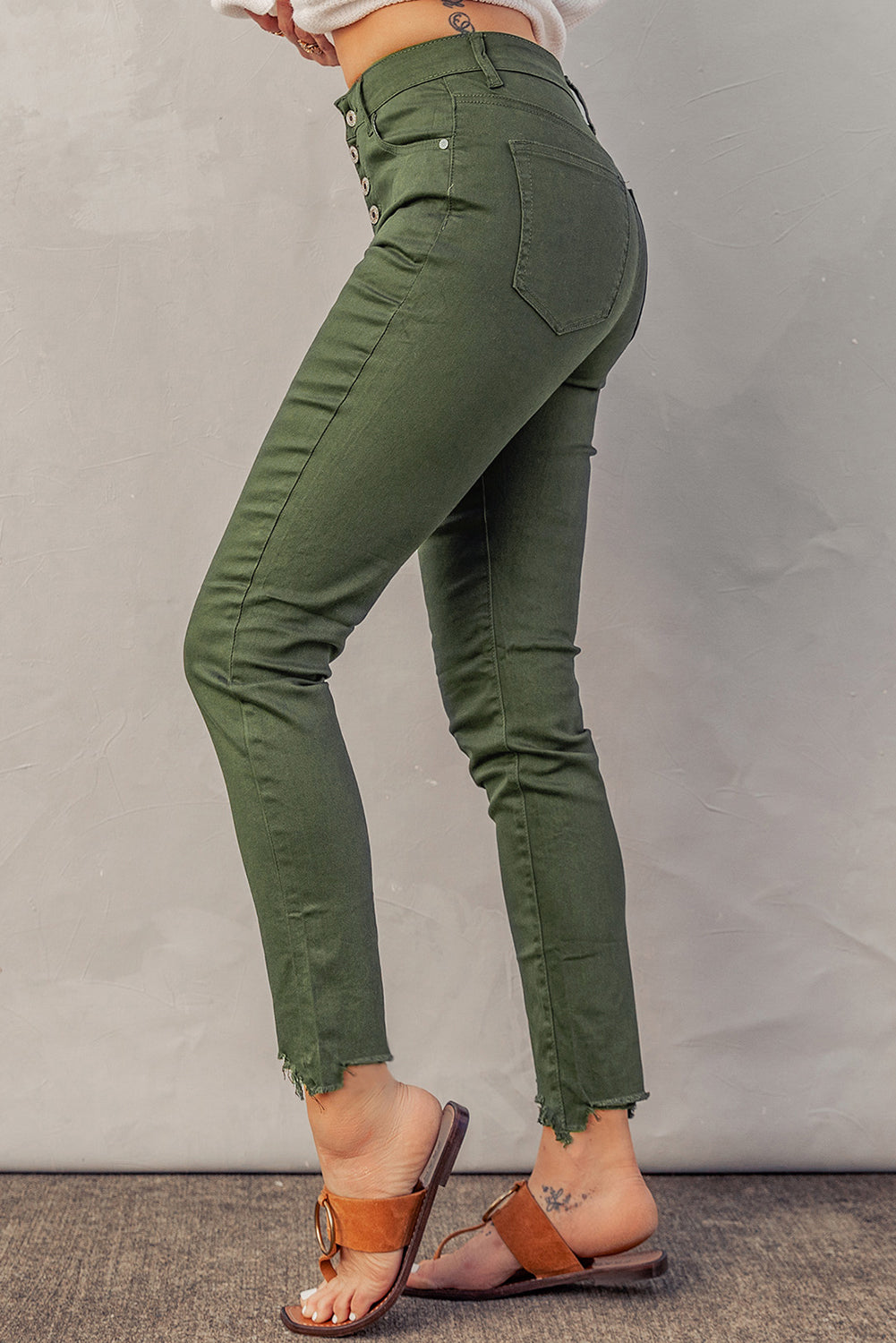 Button Fly Hem Detail Skinny Jeans Print on any thing USA/STOD clothes