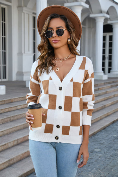 Button-Up Plaid V-Neck Dropped Shoulder Cardigan Print on any thing USA/STOD clothes